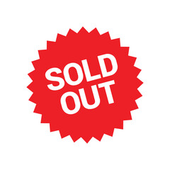 Sold out sticker, red round starburst label vector badge for product marketing and retail promotion use