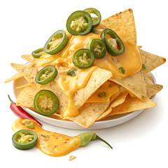 A heaping plate of cheesy nachos isolated on white background is topped with sliced jalapeos, creating a delicious and spicy appetizer