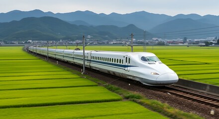 High-speed bullet train speeds through vibrant green rice fields with mountains in background
