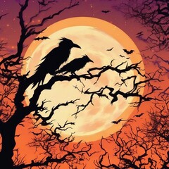 Halloween background with crows on a tree