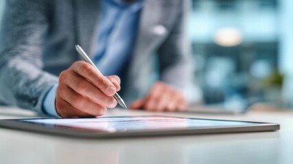 Athlete midway through signing a digital certificate on a sleek tablet medium shot with focused hand and blurred office environment to convey authenticity.