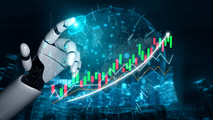 A futuristic robot hand reaches for digital financial data, showcasing stock market charts and global connectivity, symbolizing advanced technology in finance. Impute
