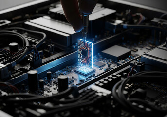 Fototapeta premium Futuristic microchip installation on motherboard, close up of glowing semiconductor processor chip, electronic circuit board repair
