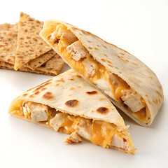 Two halves of a chicken quesadilla isolated on white background showcase the melted cheese and tender chicken filling, offering a tempting glimpse of a savory meal