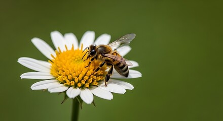 Honeybee Gathering Nectar from a Daisy Blossom in Serene Daylight Close-up View with Green