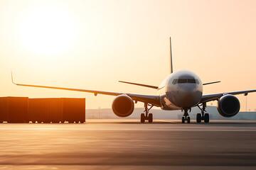 Obraz premium Jetliner at airport: Commercial airplane sitting on the tarmac at sunrise, with cargo containers, poised for transport. Aviation in the Golden Hour.