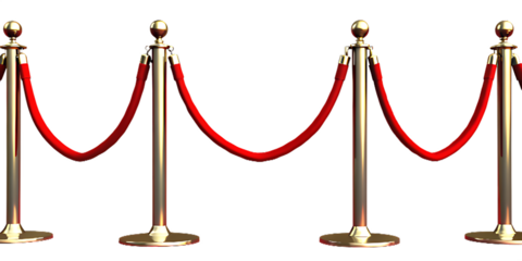 Four Golden Stanchions with Red Velvet Ropes on White Background rope barrier red rope isolated on a transparent background