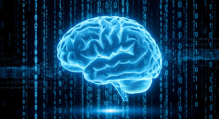 Neon Digital Brain Hologram Over Binary Cityscape — Artificial Intelligence Neural Network Visualization