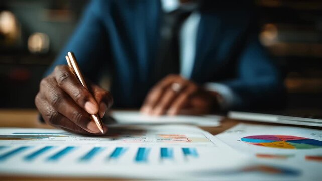 Close medium shot of a legal expert analyzing charts and data sheets blurred office environment emphasizing precise examination of marketing evidence.