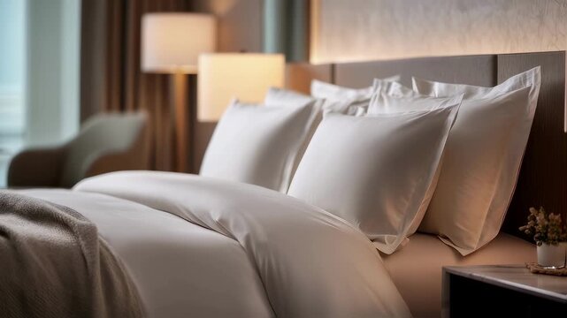 Medium shot showcasing a twinsize bed in a serene bedroom setup sharp focus on crisp bedding details with ambient lighting softly blurring the surrounding furniture.