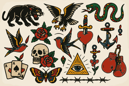 American traditional tattoo flash vector sheet with panther, eagle, skull, snake, roses, anchor, dagger, and vintage symbols