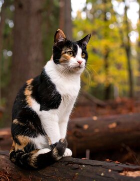 A calico cat in a forest