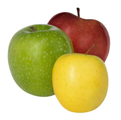 Three apples yellow, green and red, with stems, isolated
