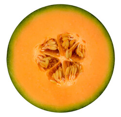 Round section of ripe orange melon with seeds, isolated