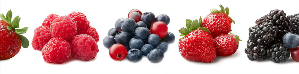 four different pictures of mixed berries in one, isolated on a white background, realistic photography, 