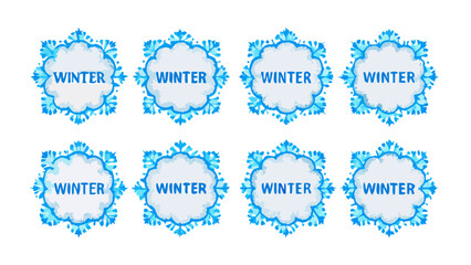 Eight winter themed snowflake frames with the word winter in the center of each frame design element