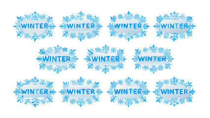 Collection of winter themed snowflake frames with the word winter inside each frame in blue color