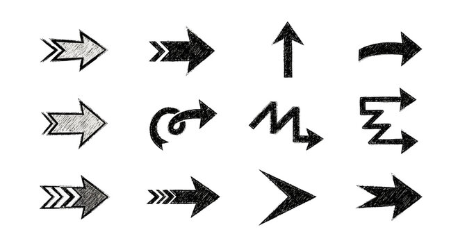 Hand-sketched black arrow icons in pencil texture on white background for directional and illustrative design