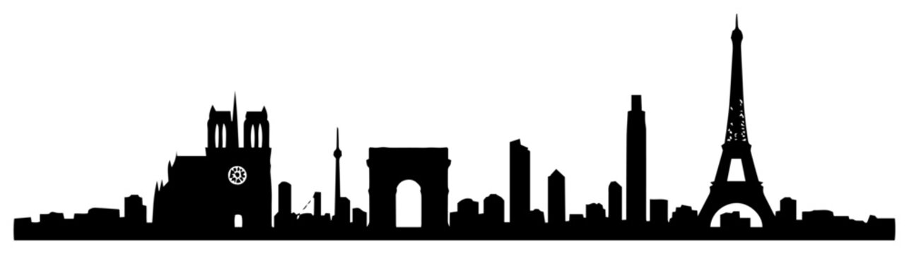 Paris city skyline silhouette &ndash; iconic Eiffel Tower and landmark buildings modern black vector illustration