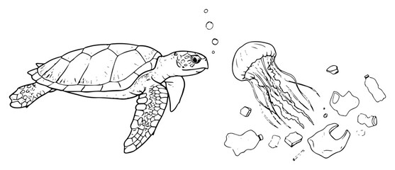 Fototapeta premium Sea turtle confronted with jellyfish and plastic waste – marine pollution environmental line art illustration