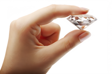 Hand holding a brilliant cut diamond with sparkling facets gemstone jewel isolated on a transparent background