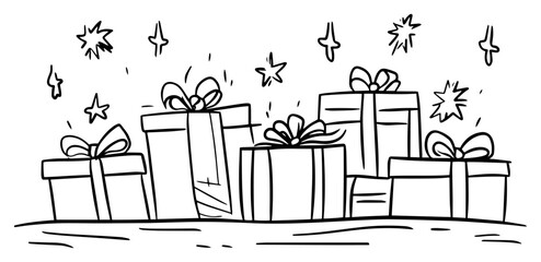 Festive stack of wrapped gift boxes with bows – cheerful holiday presents line sketch illustration © Luka