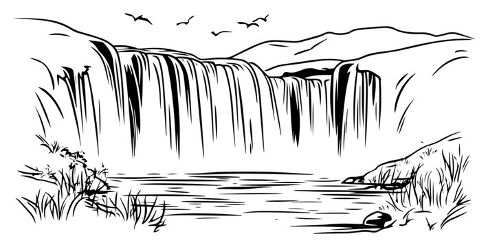 Scenic waterfall landscape sketch &ndash; hand‑drawn river cascade with rocks reeds and birds vector illustration