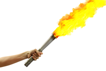 Hand holding a lit flare with bright yellow and orange flames signal flare distress signal isolated on a transparent background