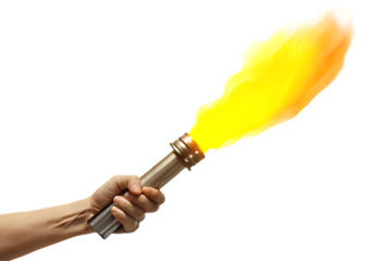 Hand holding a lit flare with vibrant yellow and orange flames signal flare distress signal isolated on a transparent background