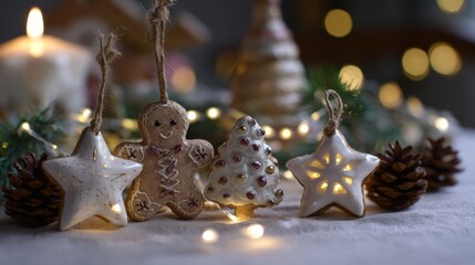 Festive christmas decor: ceramic ornaments and pine cones with warm lights