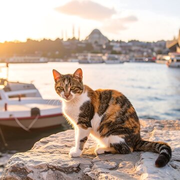 A calico cat sits on a rock overlooking a harbor at sunset