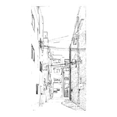 Urban alleyway scene with detailed architecture and intricate line work showing a narrow passage 100