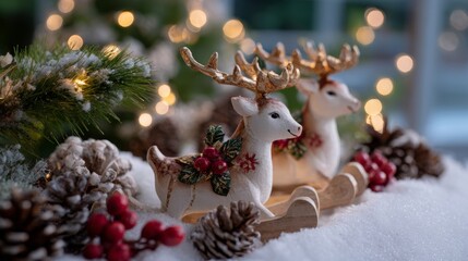 Festive reindeer and pine cones in snowy christmas scene with lights