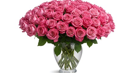 Obraz premium Lush Bouquet of Pink Roses in Glass Vase on White Background