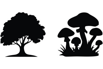 nature scene with tree and mushrooms silhouette