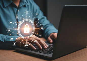 Cybersecurity concept with a glowing padlock icon and network connections surrounding a person typing on a laptop