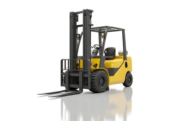 Fototapeta premium Professional yellow forklift with hydraulic lifting system and safety cage, essential industrial vehicle for warehouse and construction sites.