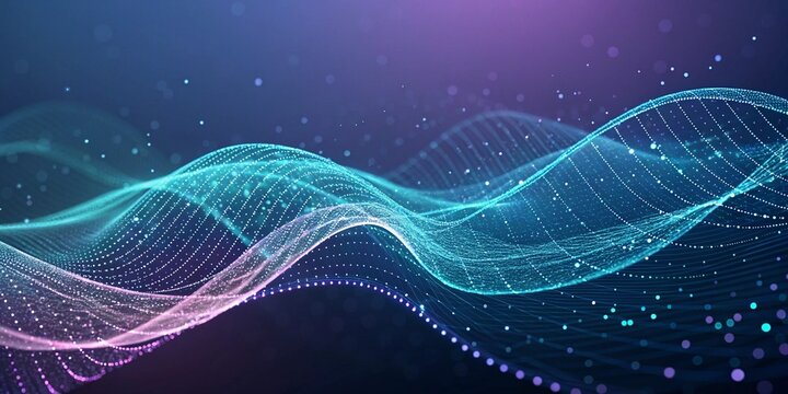 Dynamic digital waves and particles shimmer with vibrant blue and purple hues, representing futuristic data flow and abstract technology concepts for modern design.