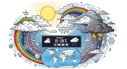 Global weather forecast concept illustrating diverse meteorological phenomena worldwide