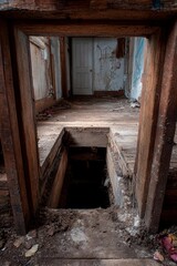 Obraz premium Decay is evident in the abandoned building where a large hole in the floor exposes the basement below. Crumbling walls and a closed door suggest neglect over time