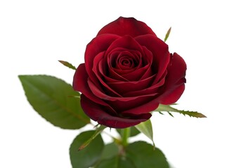 Fototapeta premium Beautiful deep red rose with green leaves and stem, romantic flower symbol isolated on white background