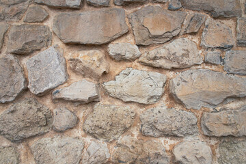 A close-up view of a rough stone wall with irregularly shaped, light beige stones. The stones are unevenly stacked, giving the wall a rustic and natural appearance.