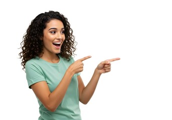Happy young woman with curly hair in mint green t-shirt pointing to the side with finger, smiling at camera on white background