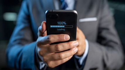 Man in suit holding smartphone with loading bar at one hundred percent on the screen display showing progress
