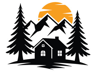 Mountain cabin landscape illustration, pine trees and sunrise silhouette, scenic nature vector art, wilderness scene, outdoor environment graphic collection