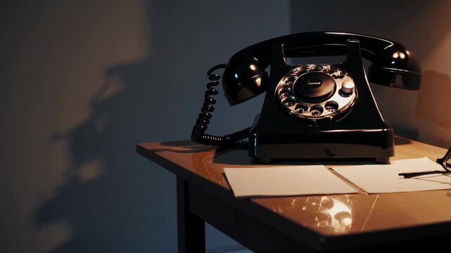 Vintage rotary phone on a dimly lit desk, captured from a side angle. The video evokes nostalgia with a classic, moody atmosphere.