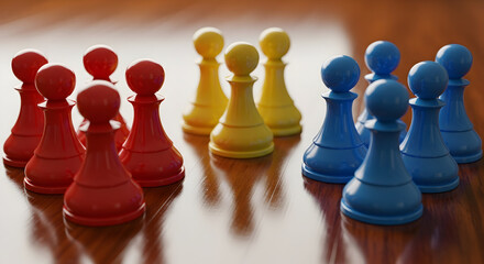 Rows of Colored Game Pawns Facing Off in Strategy Formation — Team Dynamics, Competition and Group Segmentation Concept