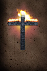 A cross made of burning charcoal. Burning for faith in Jesus Christ.