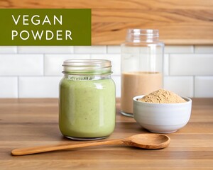 Healthy vegan protein powder jar with spoon and milk on wooden table