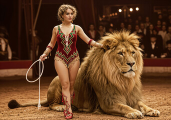 A captivating circus tamer in a glittering costume poses with a majestic lion, symbolizing courage and spectacle